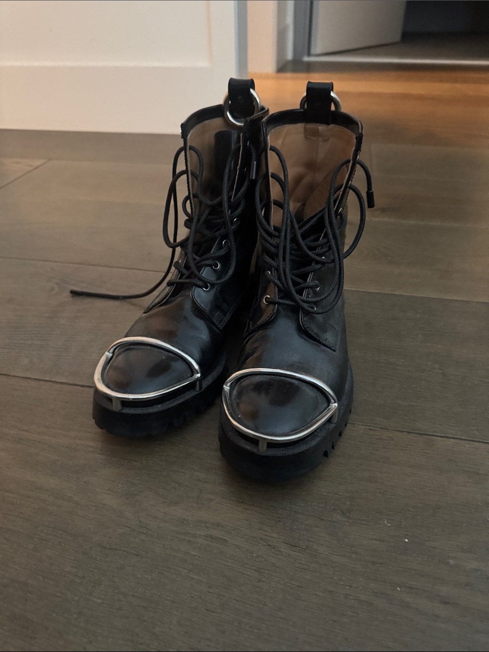 Alexander Wang Black Leather Lace-Up Boots with Silver Toe Trim